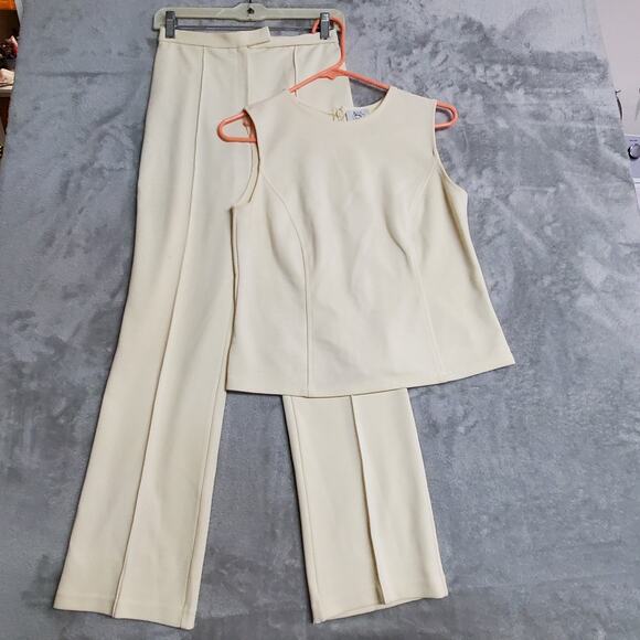 Vintage Loft Knit Pant Suit Womens 2P Ivory Cream Sleeveless Knit Tank Retro 50s - Picture 1 of 16